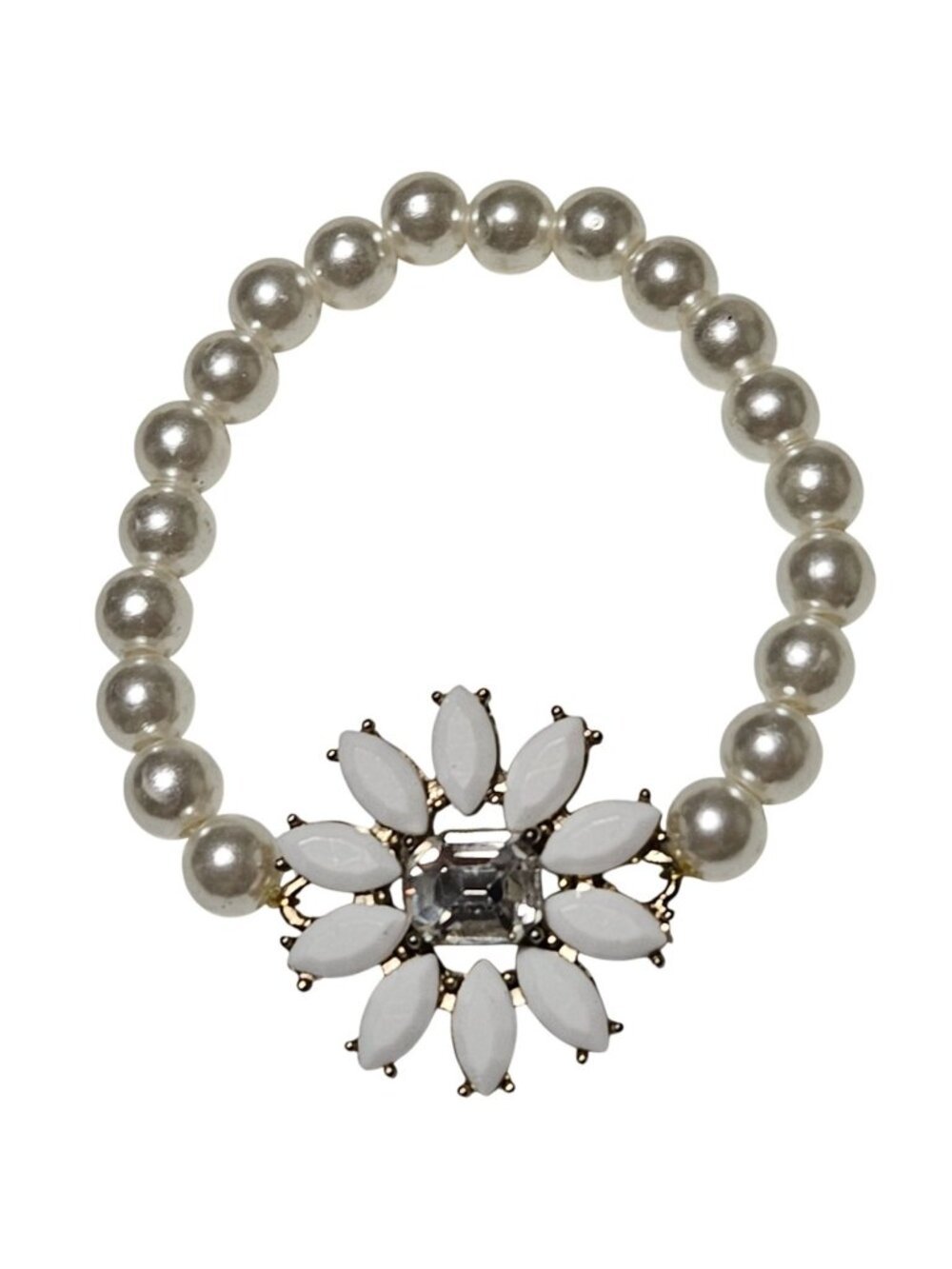 Vintage Faux Pearl Bead Bracelet Rhinestone Floral Centerpiece Fashion Jewelry